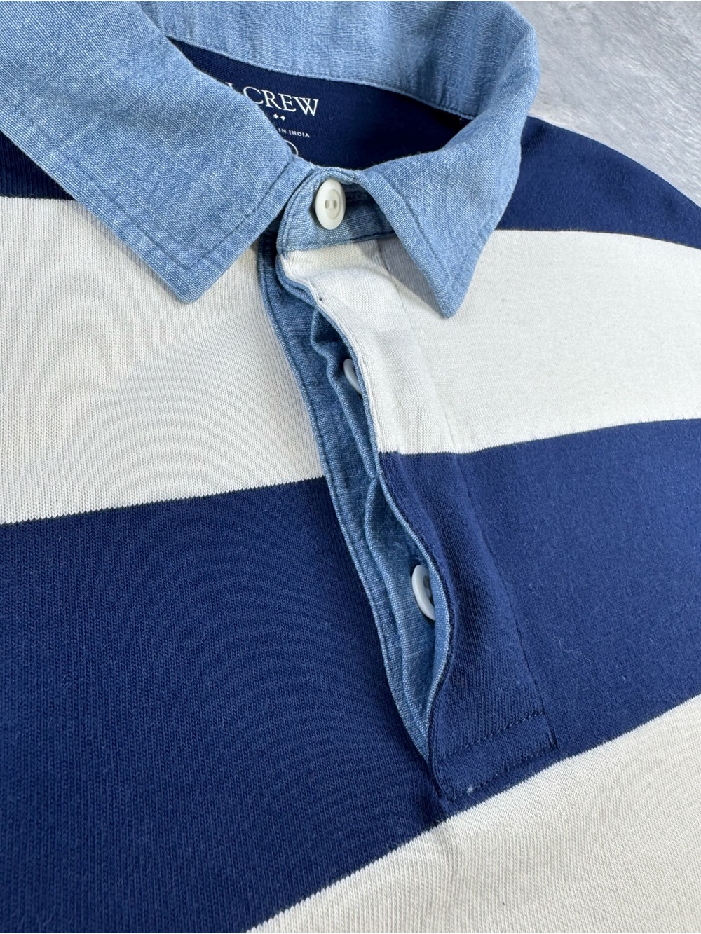 J.Crew Factory Mens L Rugby Shirt Navy Ivory Stripe Chambray Collar Preppy - Picture 7 of 14